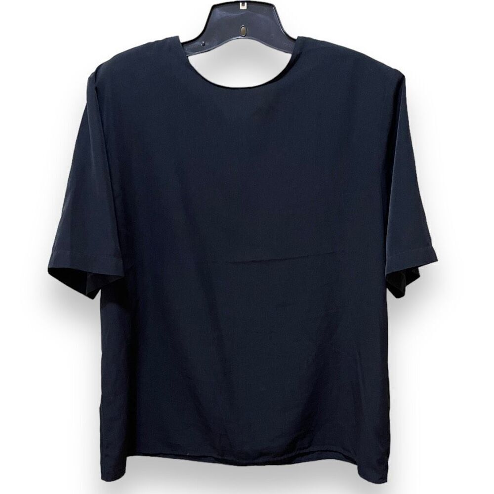 Howard Wolf Top Sz 14 L Blouse Black Short Sleeve Keyhole Neck USA 90s Vintage